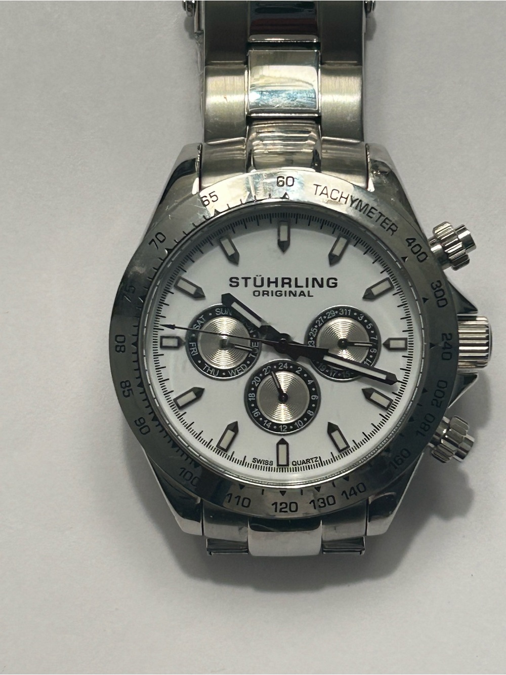 New Stuhrling Original Silver Stainless Steel Chronograph Watch with White Dial